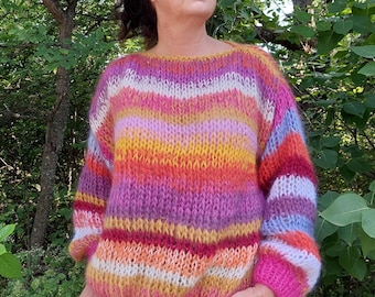 Mohair Sweater Women Striped Handknit Chunky Pullover Tie Dye Multicolor
