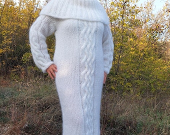 Handmade Mohair Cable Knit Sweater Dress  Chunky Turtleneck Pullover