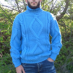 Wool Sweater Men Turtleneck Thick and Chunky Pullover Cable Knit Jumper