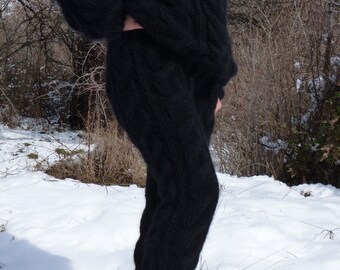 Hand Knit Mohair Pants ,Thick and fuzzy Cable Trouser