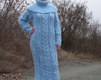 Mohair Dress Hand Knit Cable Long Turtleneck Handmade Long Chunky Sweater