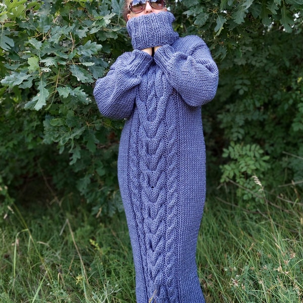 Robe en laine à col roulé Robe-pull longue en maille torsadée épaisse et épaisse