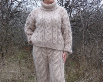 Mohair Sweater Turtleneck and Pants,Thick and Chunky Cable Suit