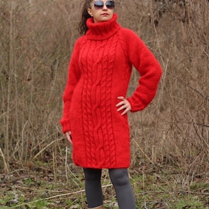 Mohair Sweater Turtleneck,Thick Cable Sweater Dress,Chunky Knit Pullover