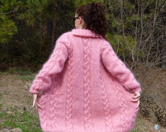 Thick Mohair Cardigan,Hand Knit Cable Sweater,Chunky Fuzzy Overcoat
