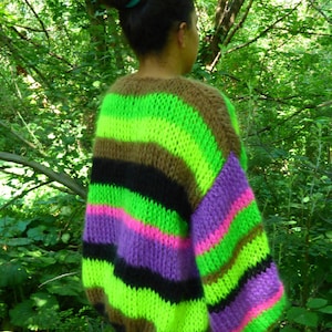 Mohair Cardigan Striped Knit ,Chunky and Thick Sweater with Balloon Sleeve