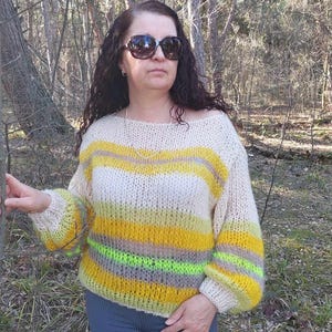 Mohair Sweater Striped Handknit Soft and Chunky  Pullover Multicolor
