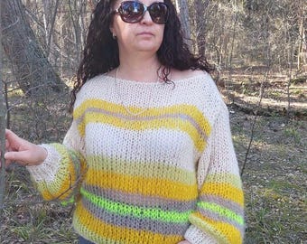 Mohair Sweater Striped Handknit Soft and Chunky  Pullover Multicolor