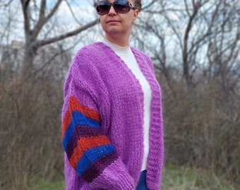 Mohair Cardigan femmes gros tricoté, pull épais rayé tricot