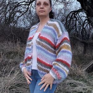 Mohair Cardigan Women Striped Knit ,Chunky Sweater Multicolor,Soft and Fuzzy Vest