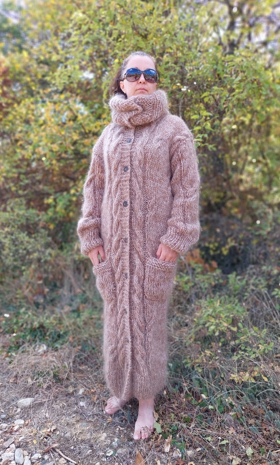 Mohair Cardigan Turtleneck,hand Knit Cable Sweater,fuzzy Long