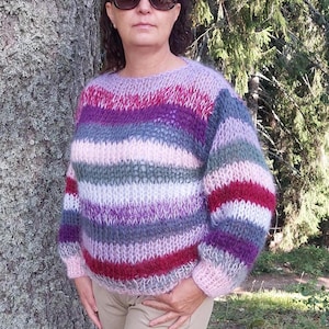 Mohair Sweater Striped Handknit Chunky Pullover Multicolor