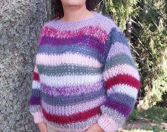 Mohair Sweater Women Striped Handknit Chunky Pullover Multicolor