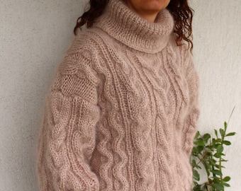 Dikke mohair trui heren coltrui kabel handgebreide dikke trui pluizige handgemaakte trui
