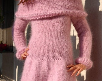 Hand Knit Mohair Sweater Dress: Chunky Fuzzy Turtleneck