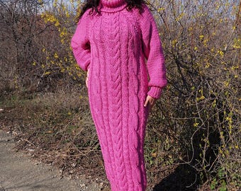 Handmade Wool Dress Turtleneck Thick and Chunky Sweater Dress Cable Knit