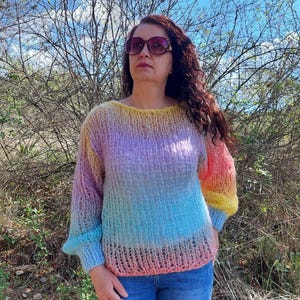 Handmade Mohair Sweater Multicolor Chunky Pullover Striped Knit