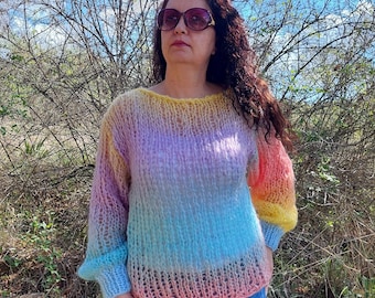 Handmade Mohair Sweater Multicolor Chunky Pullover Striped Knit