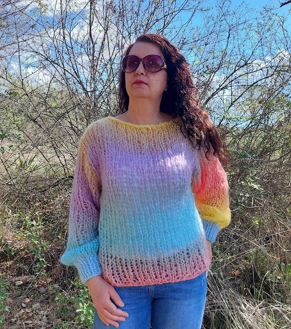 Handmade Mohair Sweater Multicolor Chunky Pullover Striped Knit