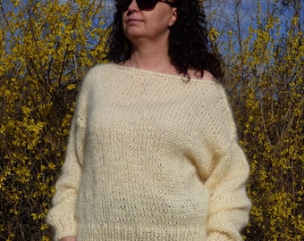 Mohair Sweater Women Hand Knit Chunky Pullover Cream Jumper