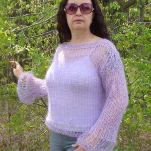 Mohair Pullover Women Hand Knit Thin and Soft Handmade Sweater in Purple