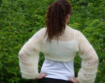 Hand Knit Mohair Bolero Handmade Shrug  Long Soft Sleeves