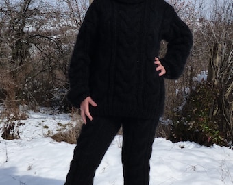 Mohair Sweater Turtleneck and Pants,Thick and Chunky Hand Knit Cable Suit