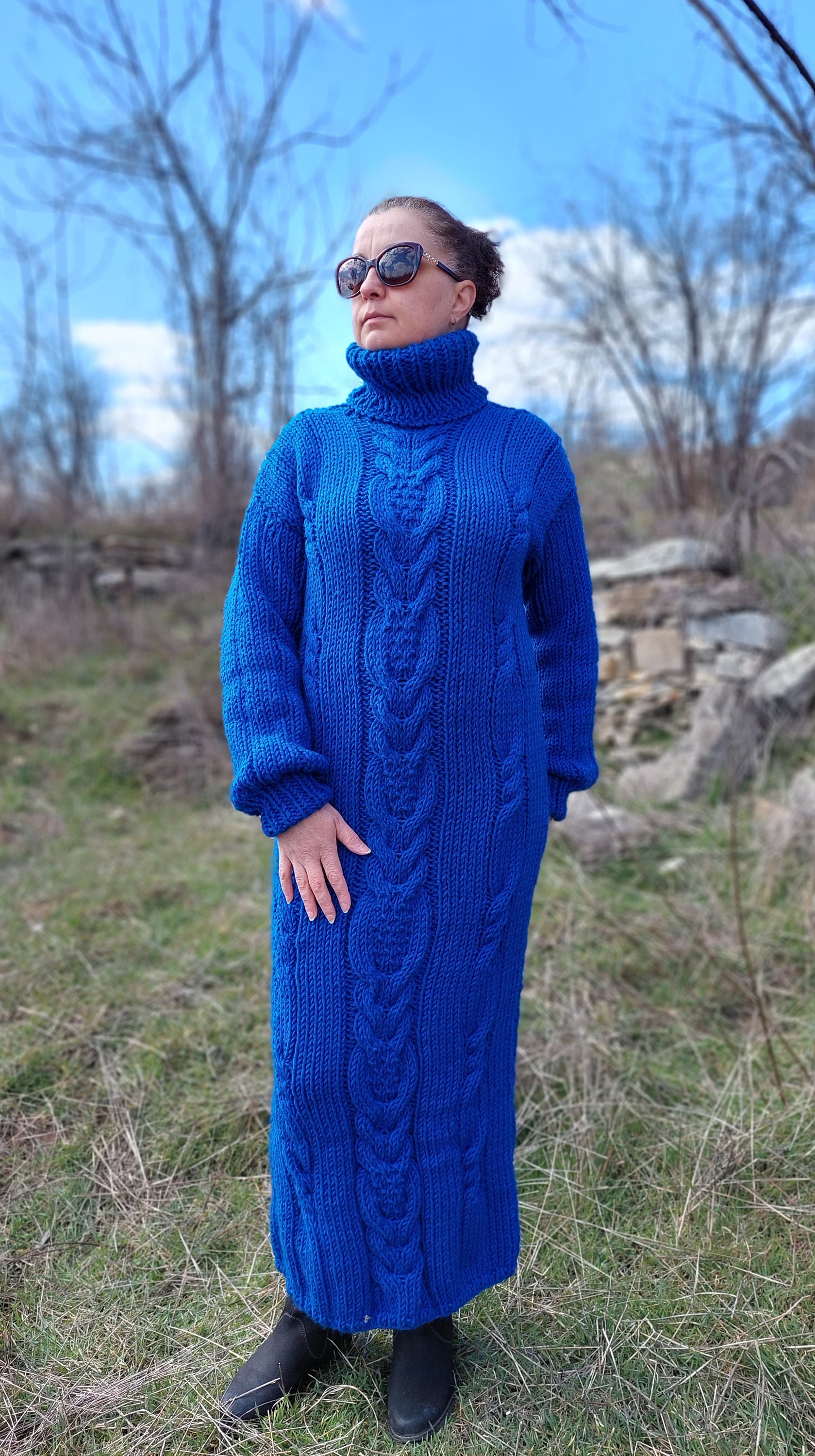Handknit Wool Dress Thick and Chunky Cable Knit Sweater Turtleneck