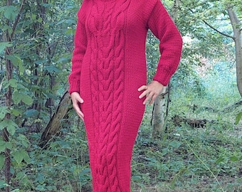 Wool Dress Turtleneck Thick and Chunky Cable Knit Long Sweater Dress in Red