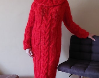 Mohair Dress Cable Knit Long Turtleneck,Handmade Long Chunky Sweater