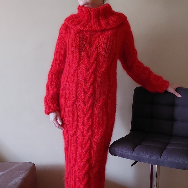 Mohair Dress Cable Knit Long Turtleneck,Handmade Long Chunky Sweater