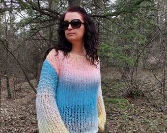 Hand Knit Mohair Sweater Multicolor Chunky Pullover