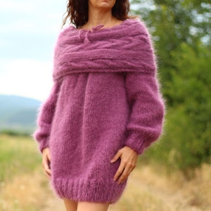 Mohair Sweater Woman Hand Knit Chunky Sweater Dress Big Neck