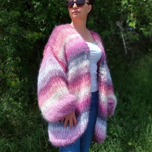 Mohair Cardigan Women Striped Knit ,Chunky Sweater Multicolor,Soft and Fuzzy