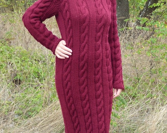 Thick Wool Dress Turtleneck Cable Knit Chunky Sweater Dress Wool Sweater Handmade