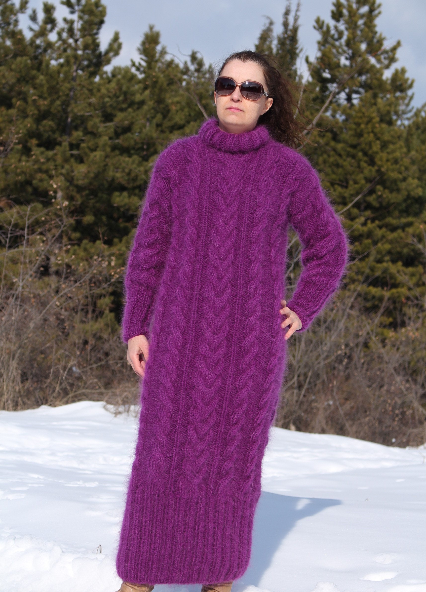 Thick Mohair Dress Turtleneck,hand Knit Cable Long Chunky Sweater - Etsy