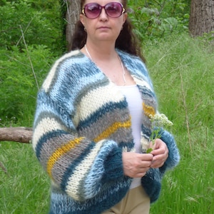 Striped Mohair Cardigan Hand knit  Multicolor Chunky and Thick Pullover with Balloon Sleeve Tie - Dye