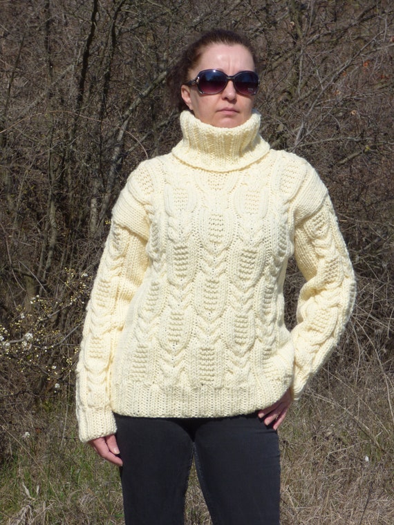 Wool Sweater Men Thick and Chunky Pullover Turtleneck Cable Hand Knit Etsy UK