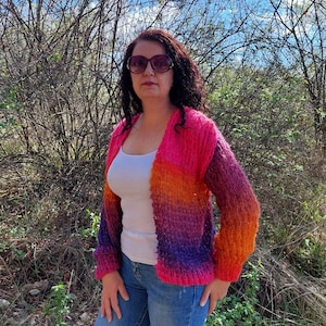 Mohair Cardigan Women Multicolor Chunky Sweater Striped Knit Soft and Fuzzy