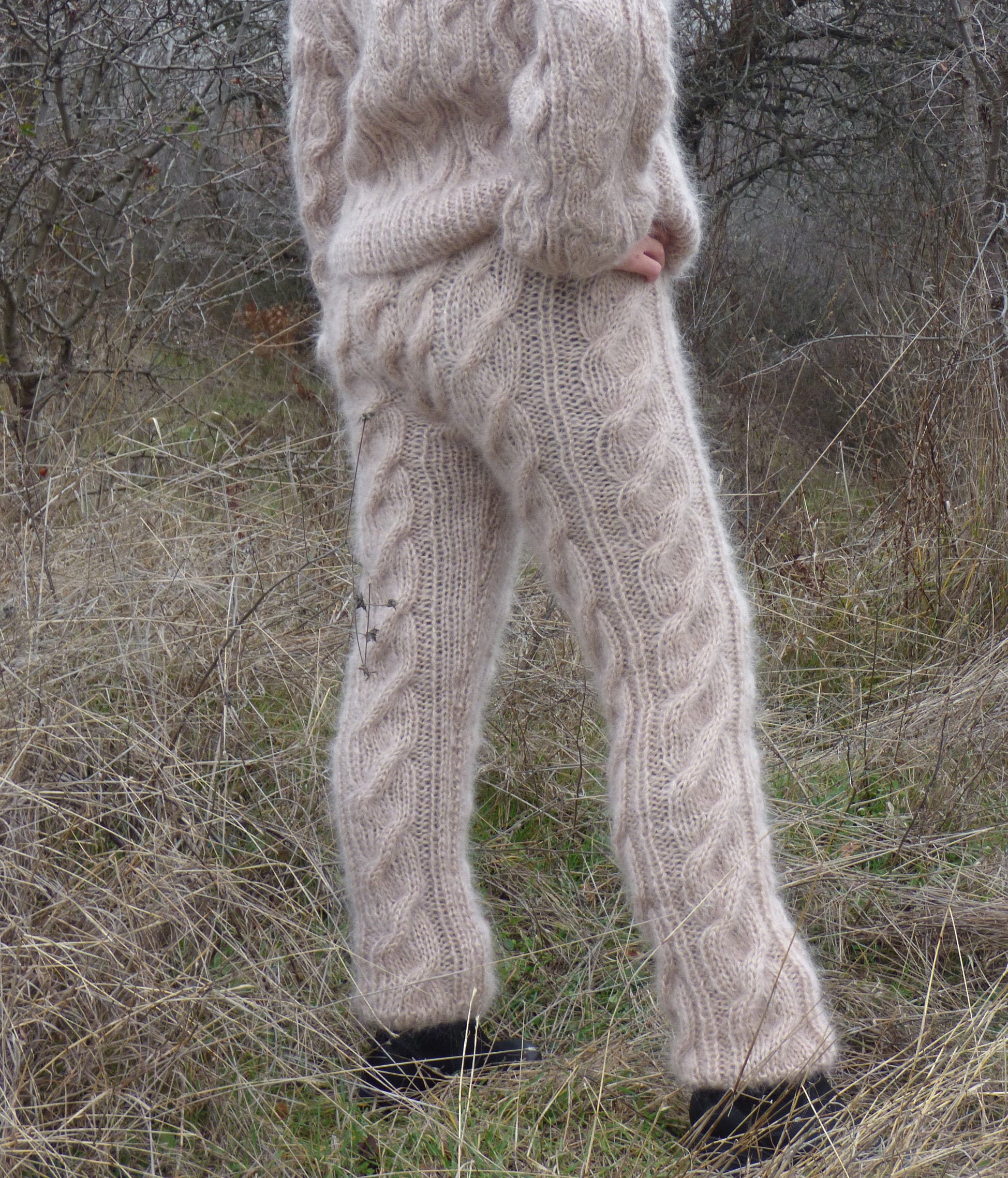Hand Knit Mohair Pants ,handmade Cable Trouser,thick and Fuzzy