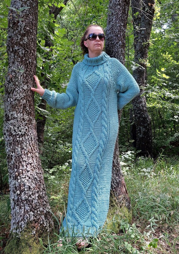 Wool Dress Cable Hand Knit Chunky Long Pullover Light Green Turtleneck Sweater