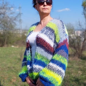 Mohair Cardigan Women Striped Knit Multicolor,Chunky Sweater Soft and Fuzzy