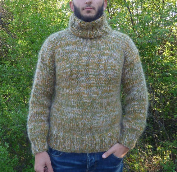Mohair trui heren coltrui handgebreid met strengen dikke en