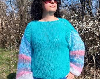 Mohair Sweater Women with Striped Knit Sleeves Handmade Chunky Pullover
