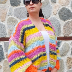 Mohair Cardigan &quot;Sun &quot; Striped Handknitted  Multicolor Chunky and Thick Sweater with Balloon Sleeve