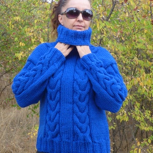 Wool Sweater Men Thick and Chunky Hand Knit Cable Pullover Turtleneck Wool Jumper