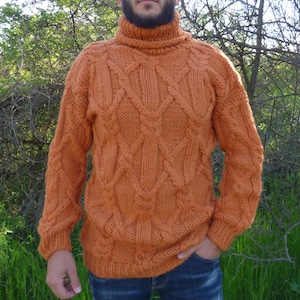 Wool Sweater Men Turtleneck Thick and Chunky Pullover Cable Knit Jumper