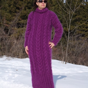 Thick Mohair Dress Turtleneck,Hand Knit Cable Long Chunky Sweater