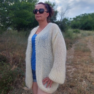 Mohair Cardigan Chunky Knit Thick Sweater with Balloon Sleeve