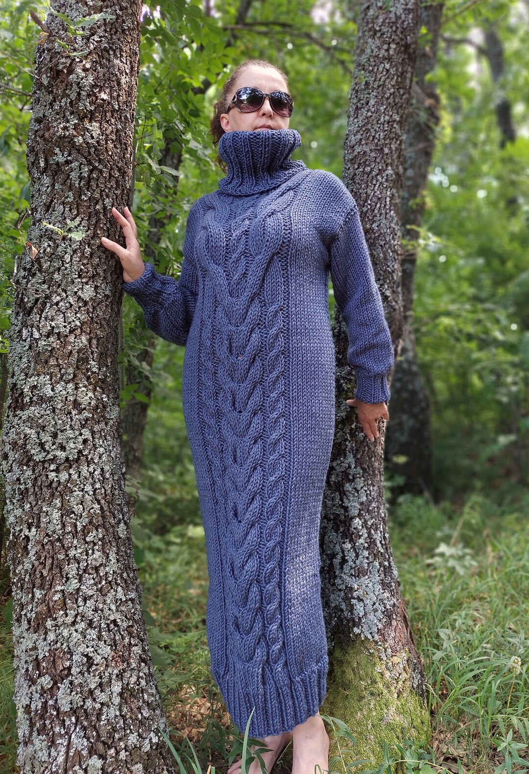 Wool Dress Turtleneck Thick and Chunky Cable Knit Long Sweater